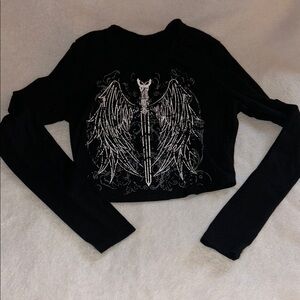 Source Unknown Black Crop Top with Silver Wing Design